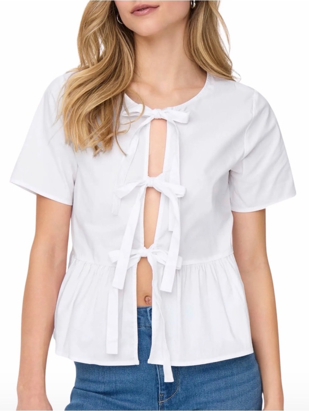 Sim & Sam White Tie-Front Peplum Blouse Shirt Boho Bohemian Short Sleeve Size M
